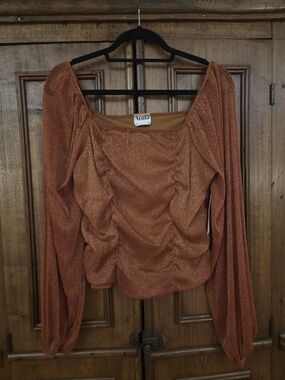 ARULA Rusty Copper Shimmer Ruched Long-Sleeve Blouse